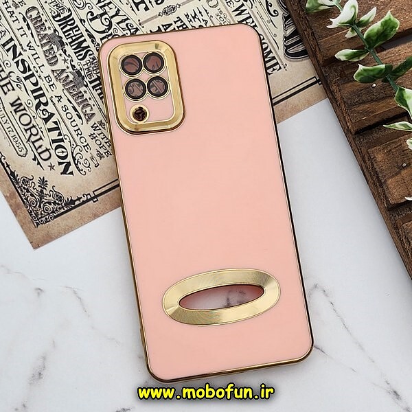 قاب گوشی Galaxy A12 - Galaxy M12 - Galaxy F12 سامسونگ طرح ژله ای دبل متال مای کیس مگ سیف Magsafe گلد لاین دور طلایی محافظ لنز دار شیشه ای گلبهی کد 1179