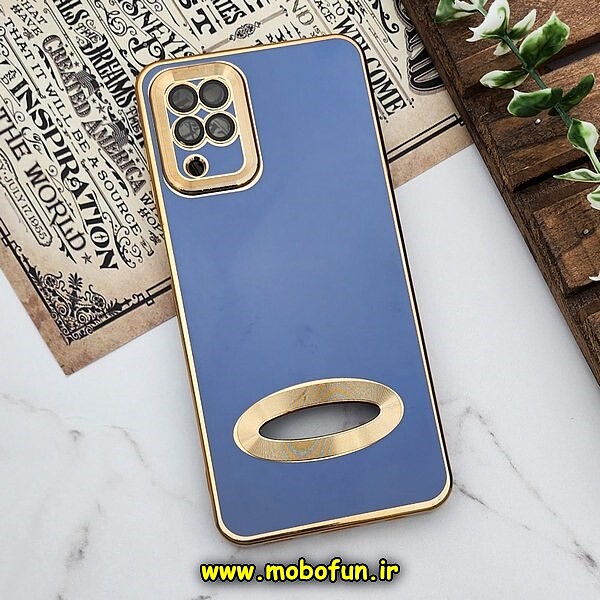 قاب گوشی Galaxy A12 - Galaxy M12 - Galaxy F12 سامسونگ طرح ژله ای دبل متال مای کیس مگ سیف Magsafe گلد لاین دور طلایی محافظ لنز دار شیشه ای آبی کد 1180