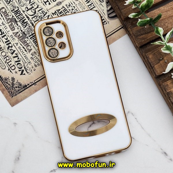 قاب گوشی Galaxy A13 4G سامسونگ طرح ژله ای دبل متال مای کیس مگ سیف Magsafe گلد لاین دور طلایی محافظ لنز دار شیشه ای سفید کد 631