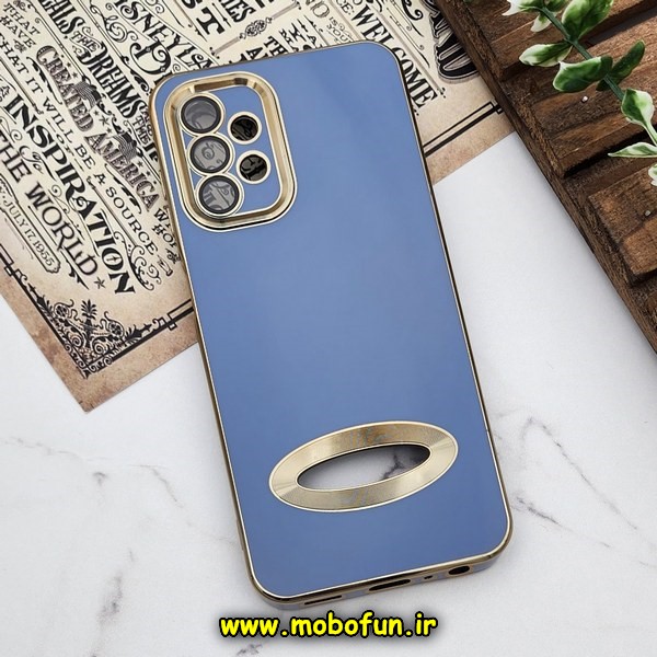 قاب گوشی Galaxy A13 4G سامسونگ طرح ژله ای دبل متال مای کیس مگ سیف Magsafe گلد لاین دور طلایی محافظ لنز دار شیشه ای آبی کد 633