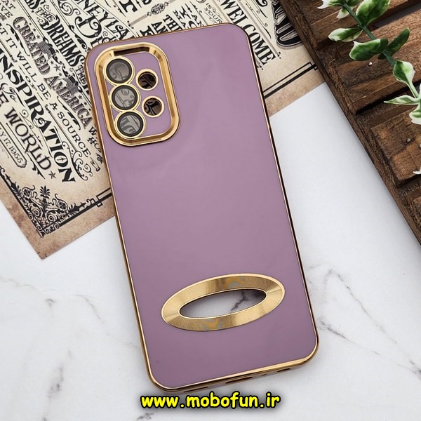 قاب گوشی Galaxy A13 4G سامسونگ طرح ژله ای دبل متال مای کیس مگ سیف Magsafe گلد لاین دور طلایی محافظ لنز دار شیشه ای بنفش کد 634