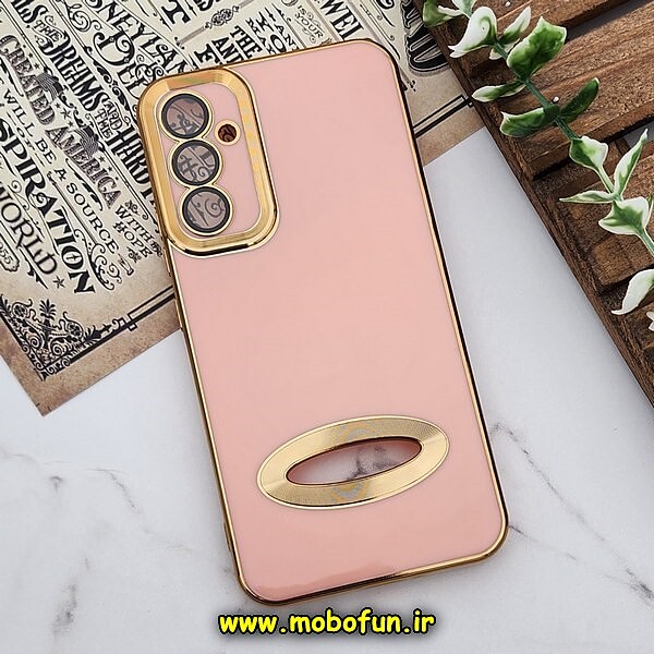 قاب گوشی Galaxy A34 5G سامسونگ طرح ژله ای دبل متال مای کیس مگ سیف Magsafe گلد لاین دور طلایی محافظ لنز دار شیشه ای گلبهی کد 159
