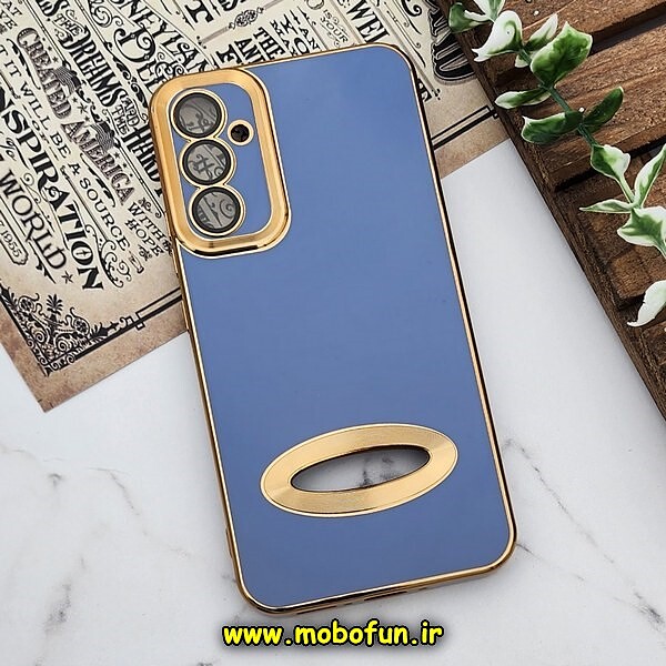 قاب گوشی Galaxy A34 5G سامسونگ طرح ژله ای دبل متال مای کیس مگ سیف Magsafe گلد لاین دور طلایی محافظ لنز دار شیشه ای آبی کد 161