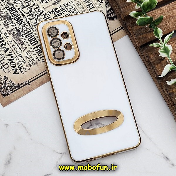 قاب گوشی Galaxy A53 5G سامسونگ طرح ژله ای دبل متال مای کیس مگ سیف Magsafe گلد لاین دور طلایی محافظ لنز دار شیشه ای سفید کد 654