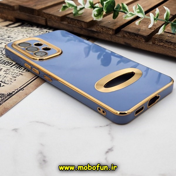 قاب گوشی Galaxy A53 5G سامسونگ طرح ژله ای دبل متال مای کیس مگ سیف Magsafe گلد لاین دور طلایی محافظ لنز دار شیشه ای آبی کد 656