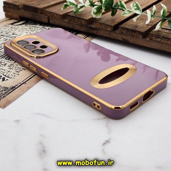 قاب گوشی Galaxy A53 5G سامسونگ طرح ژله ای دبل متال مای کیس مگ سیف Magsafe گلد لاین دور طلایی محافظ لنز دار شیشه ای بنفش کد 657