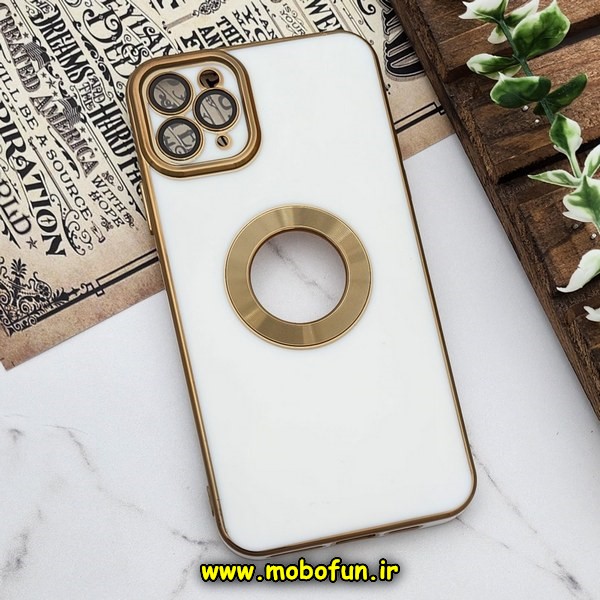 قاب گوشی iPhone 11 Pro Max آیفون طرح ژله ای دبل متال مای کیس مگ سیف Magsafe گلد لاین دور طلایی محافظ لنز دار شیشه ای سفید کد 541