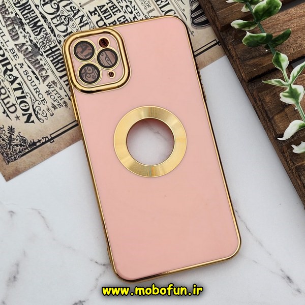 قاب گوشی iPhone 11 Pro Max آیفون طرح ژله ای دبل متال مای کیس مگ سیف Magsafe گلد لاین دور طلایی محافظ لنز دار شیشه ای گلبهی کد 542