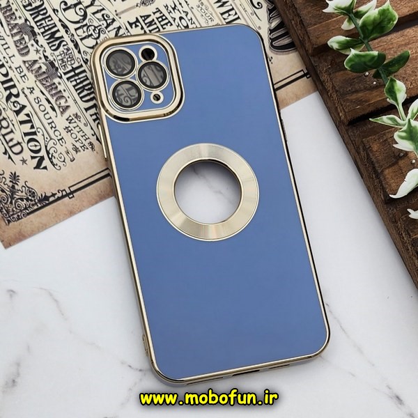 قاب گوشی iPhone 11 Pro Max آیفون طرح ژله ای دبل متال مای کیس مگ سیف Magsafe گلد لاین دور طلایی محافظ لنز دار شیشه ای آبی کد 543