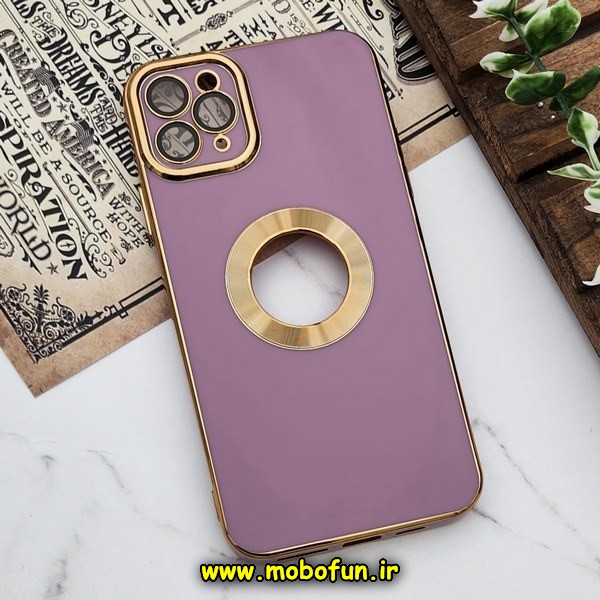 قاب گوشی iPhone 11 Pro Max آیفون طرح ژله ای دبل متال مای کیس مگ سیف Magsafe گلد لاین دور طلایی محافظ لنز دار شیشه ای بنفش کد 544