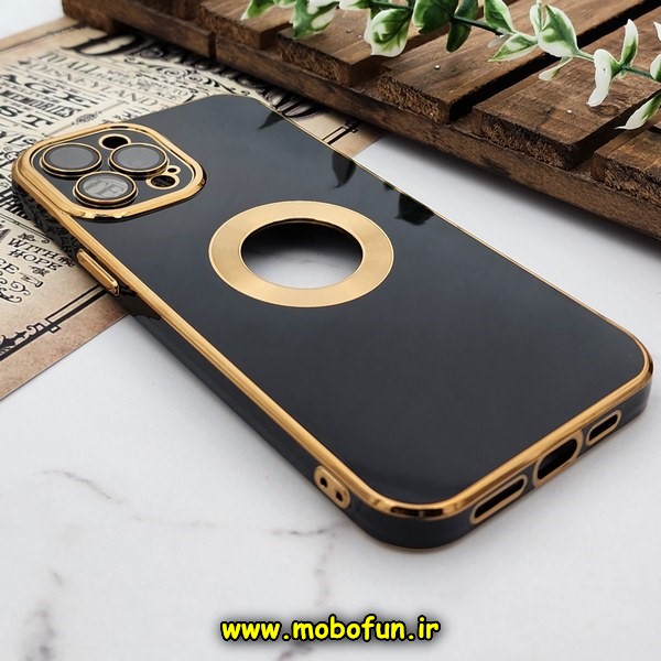 قاب گوشی iPhone 12 Pro Max آیفون طرح ژله ای دبل متال مای کیس مگ سیف Magsafe گلد لاین دور طلایی محافظ لنز دار شیشه ای مشکی کد 637