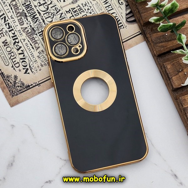 قاب گوشی iPhone 12 Pro Max آیفون طرح ژله ای دبل متال مای کیس مگ سیف Magsafe گلد لاین دور طلایی محافظ لنز دار شیشه ای مشکی کد 637