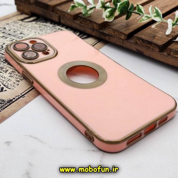 قاب گوشی iPhone 12 Pro Max آیفون طرح ژله ای دبل متال مای کیس مگ سیف Magsafe گلد لاین دور طلایی محافظ لنز دار شیشه ای گلبهی کد 639