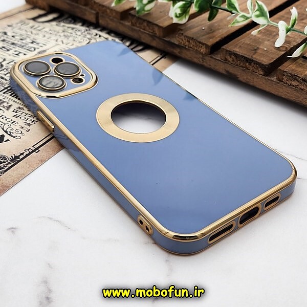 قاب گوشی iPhone 12 Pro Max آیفون طرح ژله ای دبل متال مای کیس مگ سیف Magsafe گلد لاین دور طلایی محافظ لنز دار شیشه ای آبی کد 640