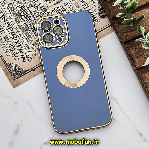 قاب گوشی iPhone 12 Pro Max آیفون طرح ژله ای دبل متال مای کیس مگ سیف Magsafe گلد لاین دور طلایی محافظ لنز دار شیشه ای آبی کد 640