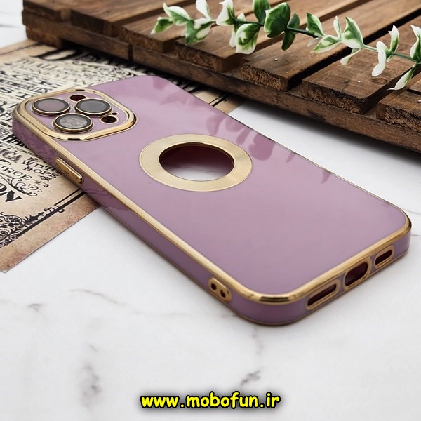 قاب گوشی iPhone 12 Pro Max آیفون طرح ژله ای دبل متال مای کیس مگ سیف Magsafe گلد لاین دور طلایی محافظ لنز دار شیشه ای بنفش کد 641