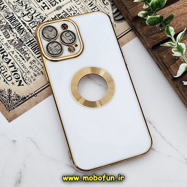قاب گوشی iPhone 13 Pro Max آیفون طرح ژله ای دبل متال مای کیس مگ سیف Magsafe گلد لاین دور طلایی محافظ لنز دار شیشه ای سفید کد 523