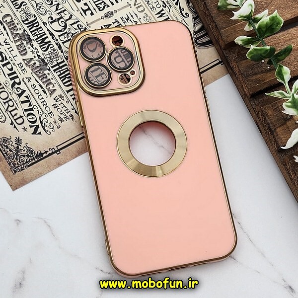 قاب گوشی iPhone 13 Pro Max آیفون طرح ژله ای دبل متال مای کیس مگ سیف Magsafe گلد لاین دور طلایی محافظ لنز دار شیشه ای گلبهی کد 524