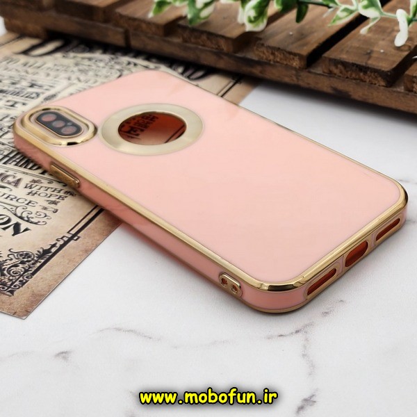قاب گوشی iPhone X - iPhone XS آیفون طرح ژله ای دبل متال مای کیس مگ سیف Magsafe گلد لاین دور طلایی محافظ لنز دار شیشه ای گلبهی کد 498