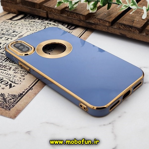 قاب گوشی iPhone X - iPhone XS آیفون طرح ژله ای دبل متال مای کیس مگ سیف Magsafe گلد لاین دور طلایی محافظ لنز دار شیشه ای آبی کد 499