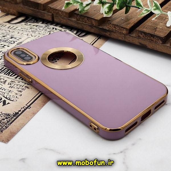 قاب گوشی iPhone X - iPhone XS آیفون طرح ژله ای دبل متال مای کیس مگ سیف Magsafe گلد لاین دور طلایی محافظ لنز دار شیشه ای بنفش کد 500