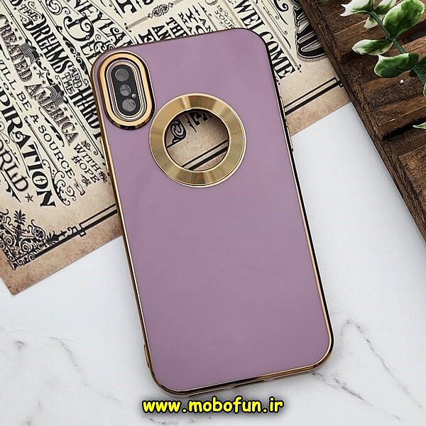 قاب گوشی iPhone X - iPhone XS آیفون طرح ژله ای دبل متال مای کیس مگ سیف Magsafe گلد لاین دور طلایی محافظ لنز دار شیشه ای بنفش کد 500