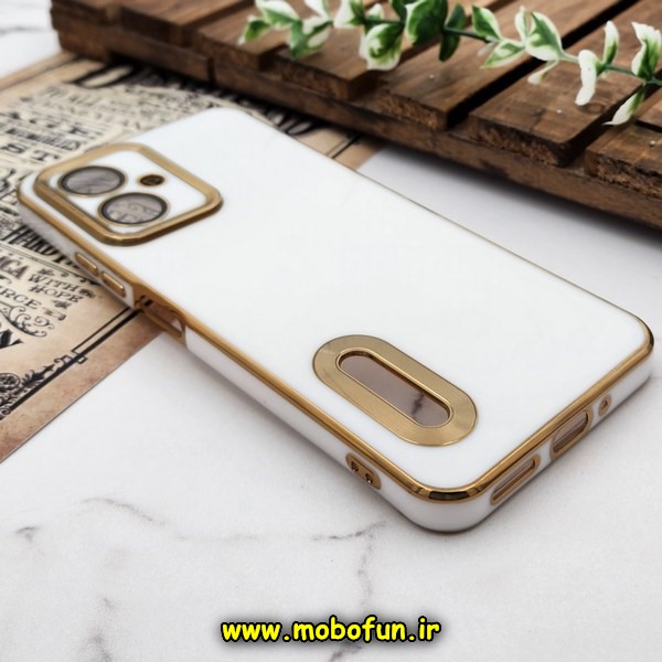 قاب گوشی Poco X5 شیائومی طرح ژله ای دبل متال مای کیس مگ سیف Magsafe گلد لاین دور طلایی محافظ لنز دار شیشه ای سفید (بدون جای فلش) کد 92