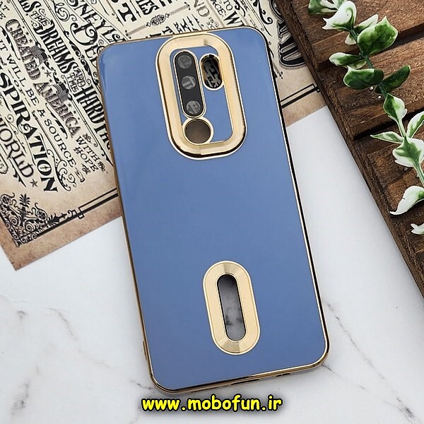 قاب گوشی Redmi Note 8 Pro شیائومی طرح ژله ای دبل متال مای کیس مگ سیف Magsafe گلد لاین دور طلایی محافظ لنز دار شیشه ای آبی کد 718