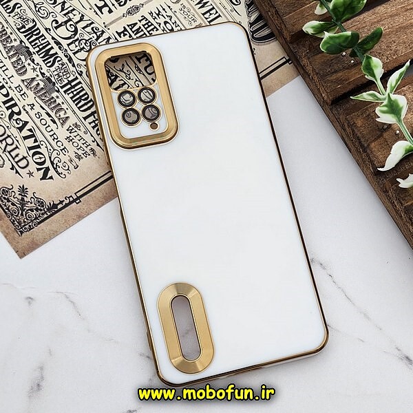 قاب گوشی Redmi Note 11 Pro 4G Global - Redmi Note 11 Pro 5G Global - Redmi Note 11E Pro شیائومی طرح ژله ای دبل متال مای کیس مگ سیف Magsafe گلد لاین دور طلایی محافظ لنز دار شیشه ای سفید کد 546