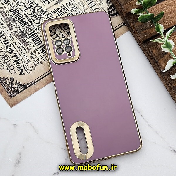قاب گوشی Redmi Note 11 Pro 4G Global - Redmi Note 11 Pro 5G Global - Redmi Note 11E Pro شیائومی طرح ژله ای دبل متال مای کیس مگ سیف Magsafe گلد لاین دور طلایی محافظ لنز دار شیشه ای بنفش کد 549