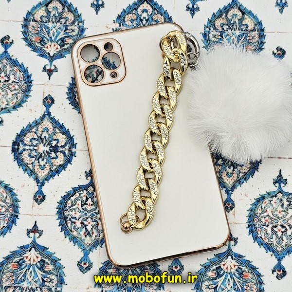 قاب گوشی iPhone 11 Pro Max آیفون طرح مای کیس گلد لاین لاکچری دستبندی کارتیر نگینی پام پام محافظ لنز دار سفید کد 568
