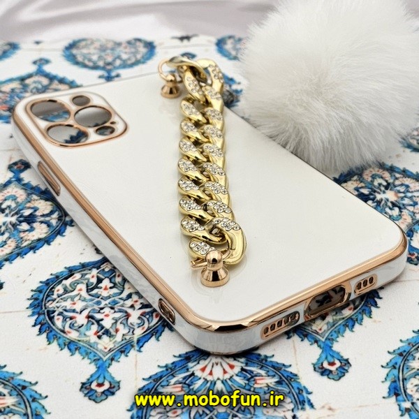 قاب گوشی iPhone 12 Pro آیفون طرح مای کیس گلد لاین لاکچری دستبندی کارتیر نگینی پام پام محافظ لنز دار سفید کد 800