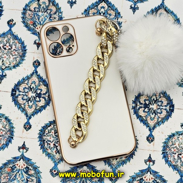 قاب گوشی iPhone 12 Pro آیفون طرح مای کیس گلد لاین لاکچری دستبندی کارتیر نگینی پام پام محافظ لنز دار سفید کد 800
