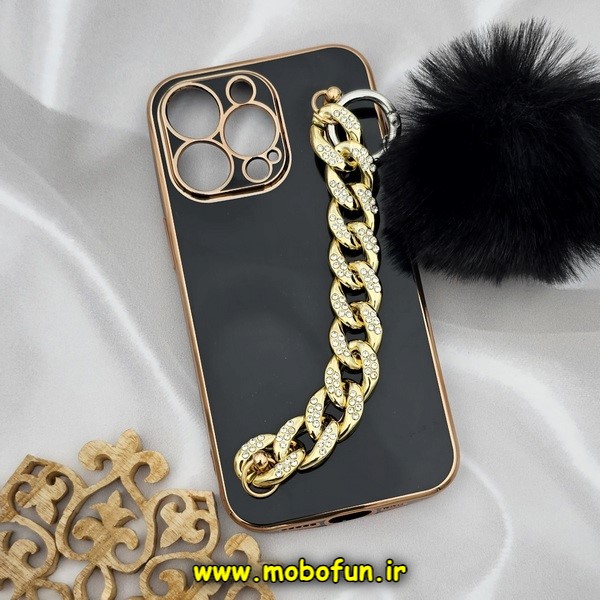 قاب گوشی iPhone 13 Pro آیفون طرح مای کیس گلد لاین لاکچری دستبندی کارتیر نگینی پام پام محافظ لنز دار مشکی کد 387