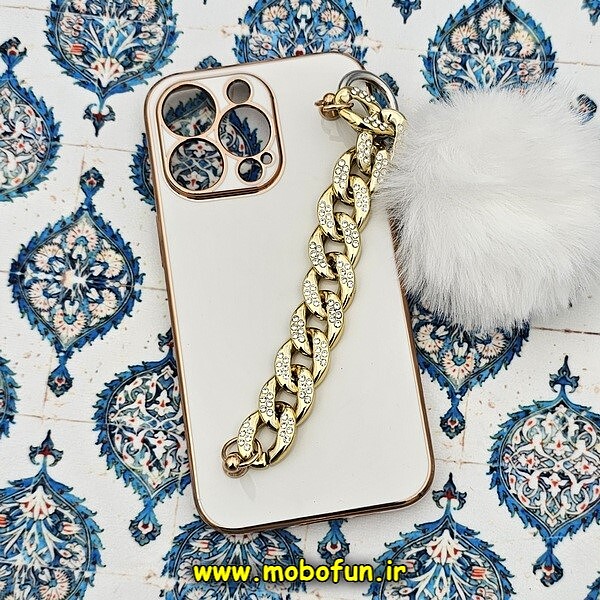 قاب گوشی iPhone 13 Pro آیفون طرح مای کیس گلد لاین لاکچری دستبندی کارتیر نگینی پام پام محافظ لنز دار سفید کد 388