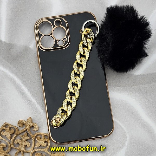 قاب گوشی iPhone 13 Pro Max آیفون طرح مای کیس گلد لاین لاکچری دستبندی کارتیر نگینی پام پام محافظ لنز دار مشکی کد 540