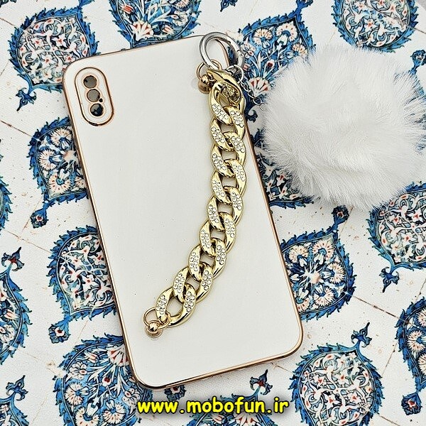 قاب گوشی iPhone X - iPhone XS آیفون طرح مای کیس گلد لاین لاکچری دستبندی کارتیر نگینی پام پام محافظ لنز دار سفید کد 519
