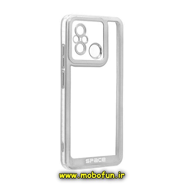قاب گوشی Redmi 12C - Poco C55 - Redmi 11A شیائومی طرح الکتروپلیتینگ ژله ای شفاف اورجینال اسپیس SPACE محافظ لنز دار نقره ای کد 113