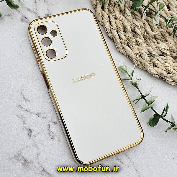 قاب گوشی Galaxy A14 4G - Galaxy A14 5G سامسونگ طرح ژله ای مای کیس گلد لاین دور طلایی محافظ لنز دار لوگودار سفید کد 411