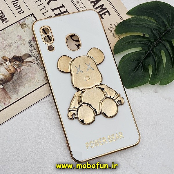 قاب گوشی Galaxy A20 - Galaxy A30 سامسونگ طرح ژله ای مای کیس خرس طلایی تدی برجسته POWER BEAR محافظ لنز دار پاپ سوکت دار سفید کد 582