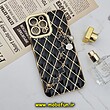 قاب گوشی iPhone 13 Pro Max آیفون طرح ژله ای پافر لوزی دستبندی مرواریدی گلد لاین دور طلایی محافظ لنز دار مشکی کد 550