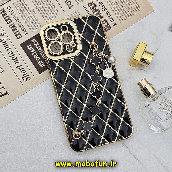 قاب گوشی iPhone 13 Pro Max آیفون طرح ژله ای پافر لوزی دستبندی مرواریدی گلد لاین دور طلایی محافظ لنز دار مشکی کد 550