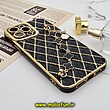 قاب گوشی iPhone 13 Pro Max آیفون طرح ژله ای پافر لوزی دستبندی مرواریدی گلد لاین دور طلایی محافظ لنز دار مشکی کد 550