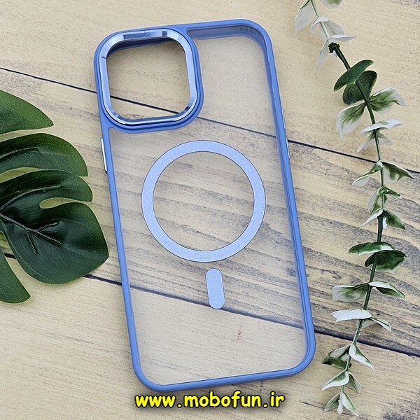 قاب گوشی iPhone 13 Pro Max آیفون اورجینال متال کیس Metal فلزی طرح پشت طلق شفاف مگ سیف دار دور سیلیکونی آبی روشن کد 560