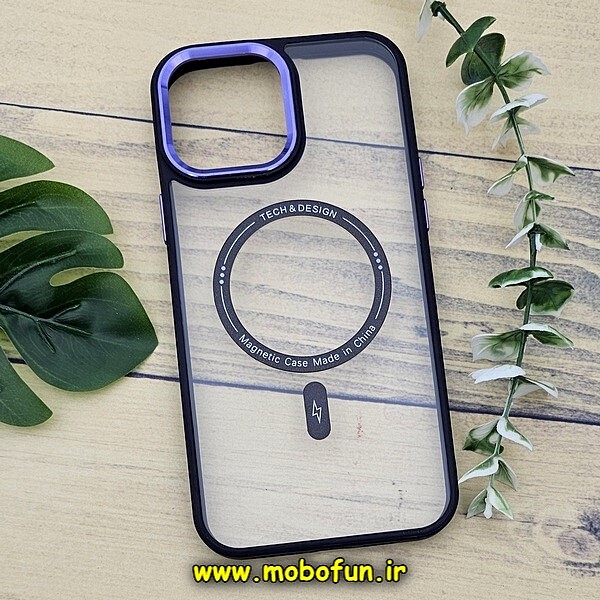 قاب گوشی iPhone 13 Pro Max آیفون اورجینال متال کیس Metal فلزی طرح پشت طلق شفاف مگ سیف دار دور سیلیکونی بنفش کد 561