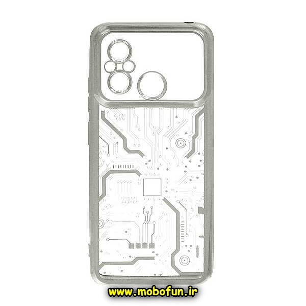 قاب گوشی Redmi 12C - Poco C55 - Redmi 11A شیائومی طرح الکتروپلیتینگ مگ سیف ژله ای شفاف مدار برق اورجینال محافظ لنز دار نقره ای کد 190