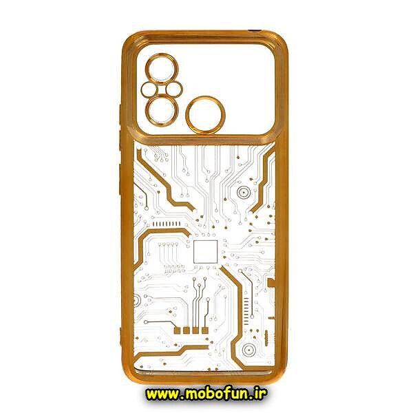 قاب گوشی Redmi 12C - Poco C55 - Redmi 11A شیائومی طرح الکتروپلیتینگ مگ سیف ژله ای شفاف مدار برق اورجینال محافظ لنز دار طلایی کد 191