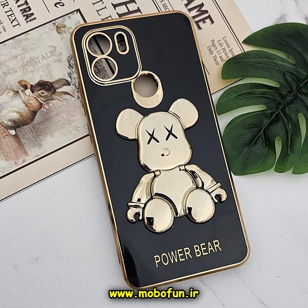 قاب گوشی Redmi A1 Plus - Redmi A2 Plus شیائومی طرح ژله ای مای کیس خرس طلایی تدی برجسته POWER BEAR محافظ لنز دار پاپ سوکت دار مشکی کد 141