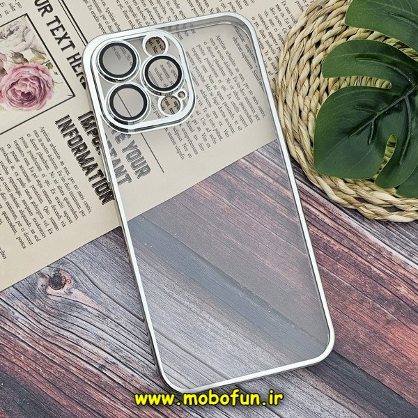 قاب گوشی iPhone 14 Pro Max آیفون طرح طلقی شیشه ای PC SLIME CASE شفاف اورجینال محافظ لنزدار گلسی رنگ نقره ای کد 242
