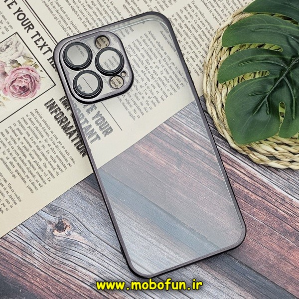 قاب گوشی iPhone 14 Pro Max آیفون طرح طلقی شیشه ای PC SLIME CASE شفاف اورجینال محافظ لنزدار گلسی رنگ مشکی کد 243